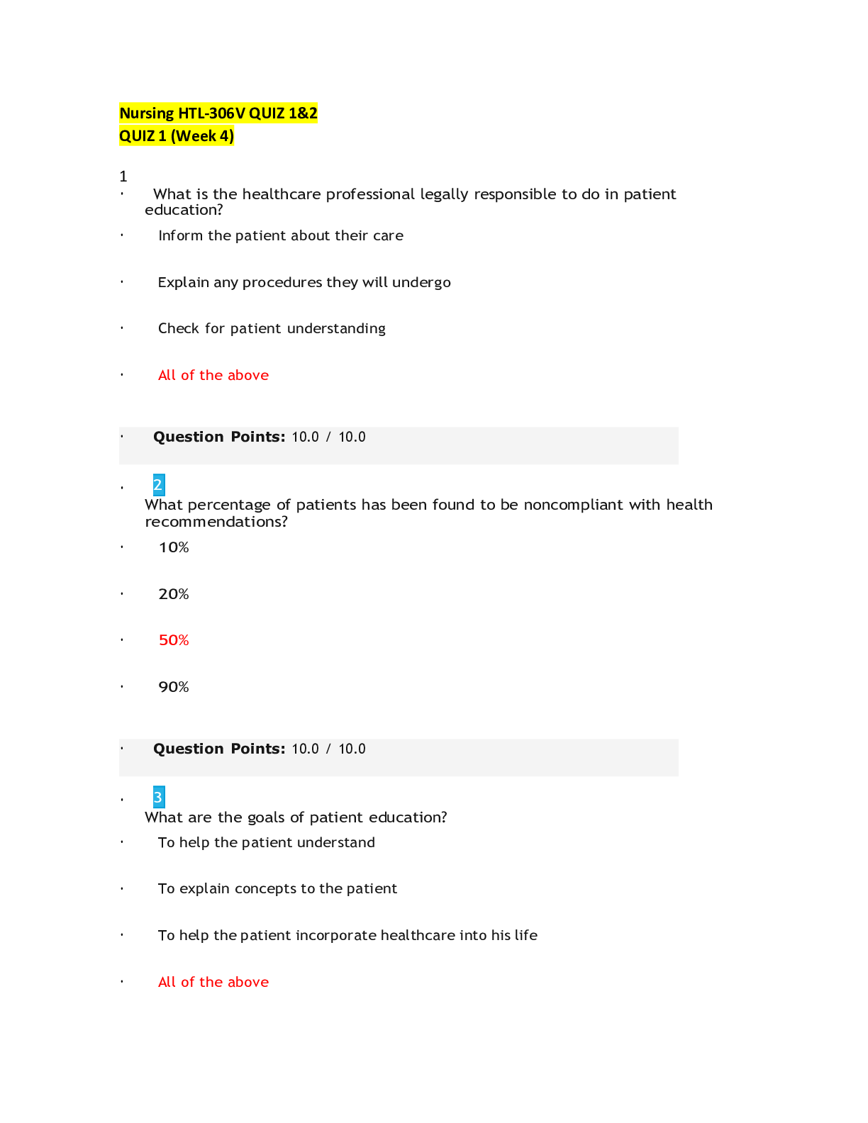 Preview image of Nursing HTL-306V QUIZ 1&2 document